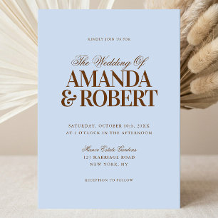 Elegant Modern Old Money Blue and Brown Wedding Invitation