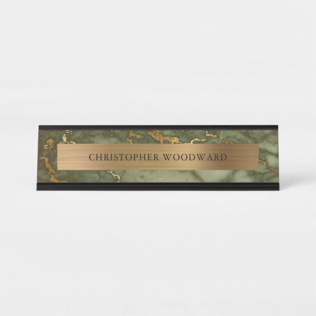 Elegant Modern Olive Green Marble Brushed Gold Desk Name Plate (Front)