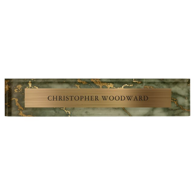 Elegant Modern Olive Green Marble Brushed Gold Nameplate (Front)