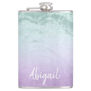 Elegant modern ombre purple & mint glitter marble hip flask