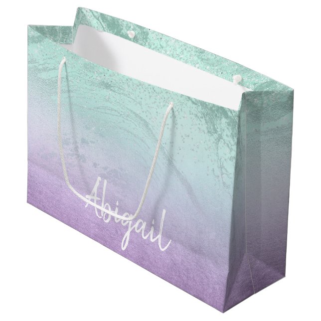 Elegant modern ombre purple & mint glitter marble large gift bag (Front Angled)