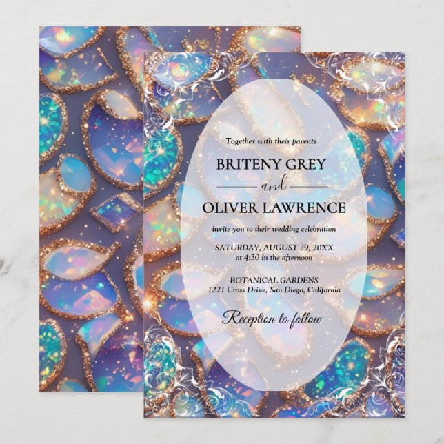 Elegant Modern opal stone and glitter weeding Invitation (Front/Back)