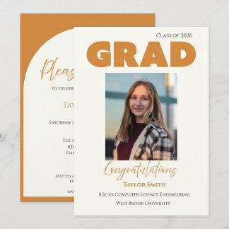 Elegant modern orange typescript on cream grad invitation