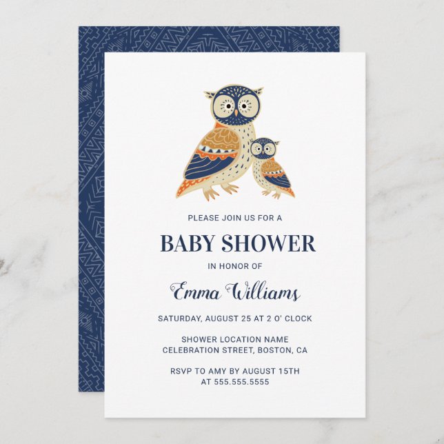 Elegant Modern Owl Baby Shower Invitation - Tribal (Front/Back)