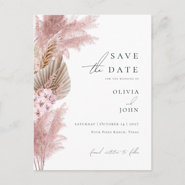 Elegant Modern Pampas Grass Wedding Save the Date  Announcement Postcard (Front)
