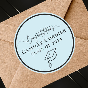Elegant Modern Pastel Blue and Black Graduation Classic Round Sticker
