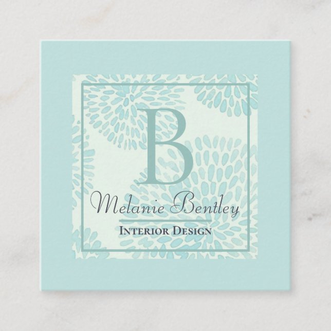 Elegant Modern Pastel Blue Floral Pattern Monogram Square Business Card (Front)