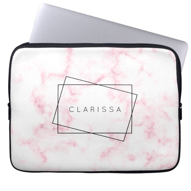 elegant modern pastel pink and white faux marble laptop sleeve (Front)