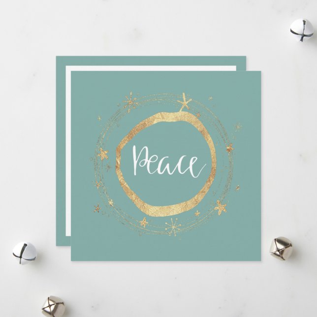 Elegant Modern Peace Gold Star Green Holiday Card (Front/Back In Situ)