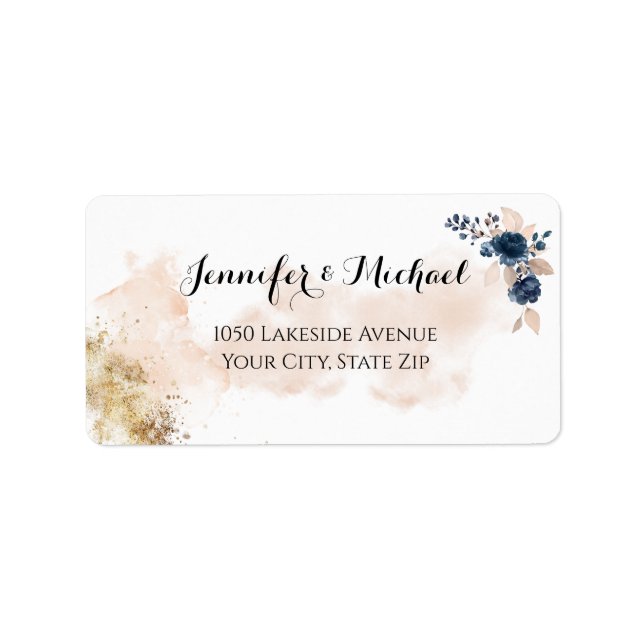 Elegant Modern Peach Blue Gold Watercolor Floral Label (Front)