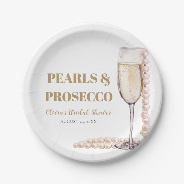 Elegant Modern Pearls and Prosecco Bridal Shower Paper Plate (Front)