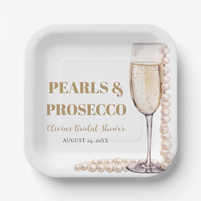 Elegant Modern Pearls and Prosecco Bridal Shower Paper Plate (Front)