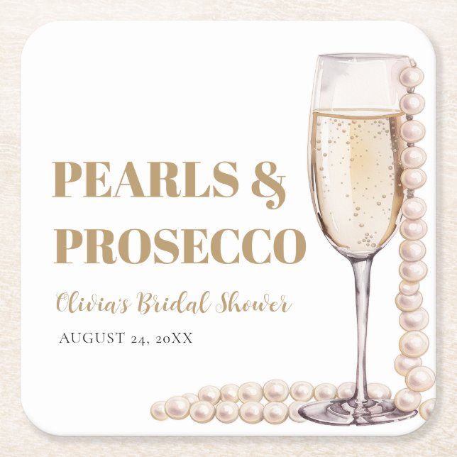 Elegant Modern Pearls and Prosecco Bridal Shower Square Paper Coaster (Front)