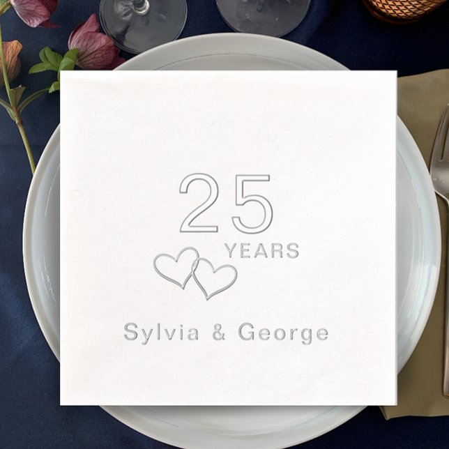 Elegant Modern Personalised 25th Anniversary Party Foil Napkins (Add couple’s names for elegant real foil personalized 25th anniversary party napkins. Simple stylish)