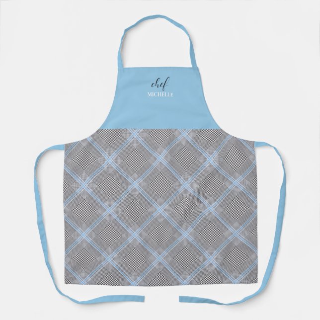 Elegant Modern Personalised Blue Tartan Apron (Front)