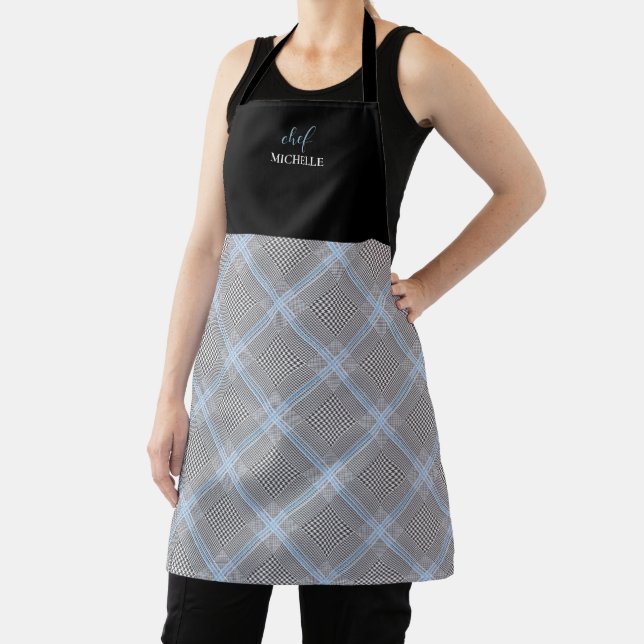 Elegant Modern Personalised Blue Tartan Apron (Insitu)
