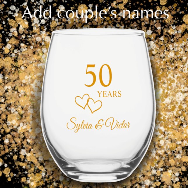 Elegant Modern Personalised Gold 50th Anniversary Stemless Wine Glass (Add couple’s names for personalized golden elegant 50th wedding anniversary keepsake glass gift.
)
