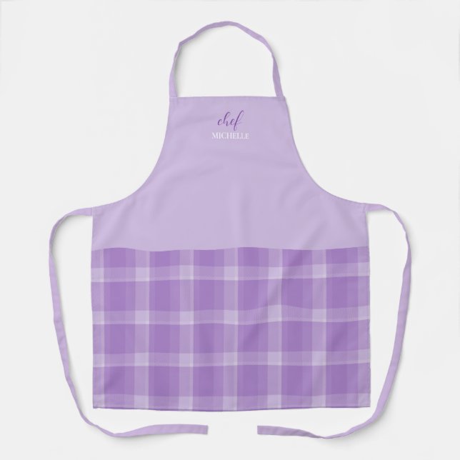 Elegant Modern Personalised Purple Tartan Apron (Front)