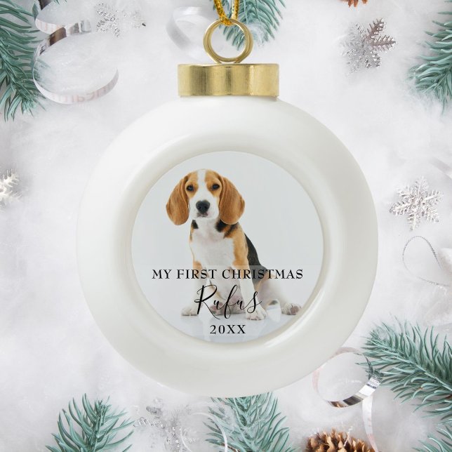 Elegant Modern Pet Photo First Christmas Ceramic Ball Christmas Ornament (Elegant Modern Pet Photo First Christmas Ceramic Ball Christmas Ornament)