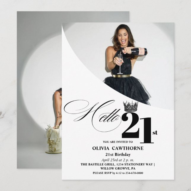 Elegant Modern Photo 21st Birthday White Black Invitation (Front/Back)