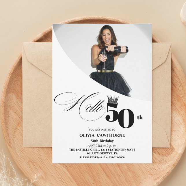 Elegant Modern Photo 50th Birthday White Black Invitation (Creator Uploaded)