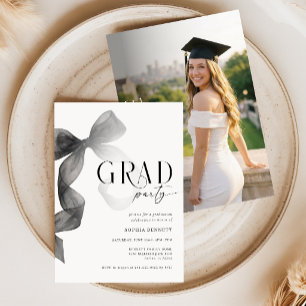 Elegant Modern Photo Black Bow Graduation Party Invitation