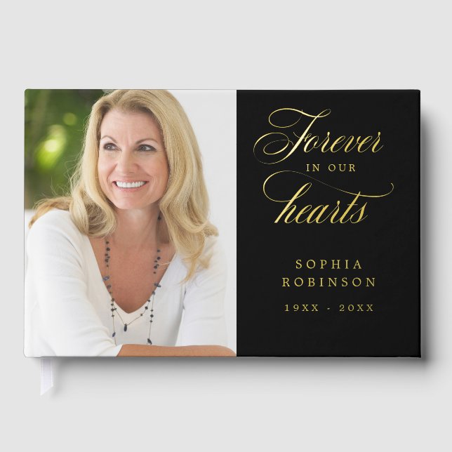 Elegant Modern Photo Black Funeral Memorial Gold Guest Book (Front)