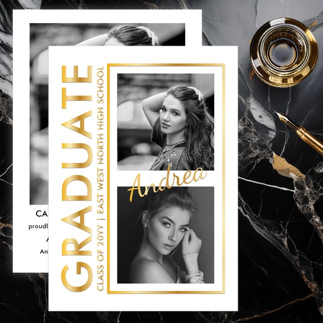 Elegant Modern Photo Graduation Announcement (Modern Vertical Graduation White & Gold Foil Announcement with Editorial 3 Photo Collage Layout )