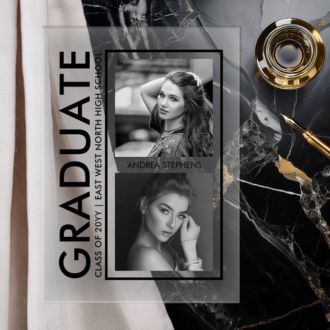 Elegant Modern Photo Graduation Announcement (Modern Clear Acrylic Graduation Announcement with Editorial Vertical Photo Layout)