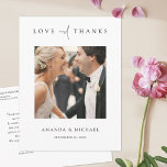 Elegant Modern Photo Thank You Wedding Postcard<br><div class="desc">This simply chic custom photo wedding thank you postcard template features an elegant, minimalist, modern design. The front features your favourite photo, first names and a 'LOVE and THANKS' message conveyed with a striking blend of two distinct fonts, with 'and' in a light, flowing script between the rest of the...</div>