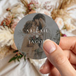 Elegant Modern Photo Wedding Classic Round Sticker<br><div class="desc">Create your own custom wedding stickers featuring modern minimalist typography names on personalized photo background.</div>