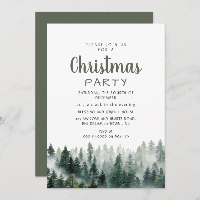 Elegant Modern Pine Forest Christmas Party Invitation (Front/Back)