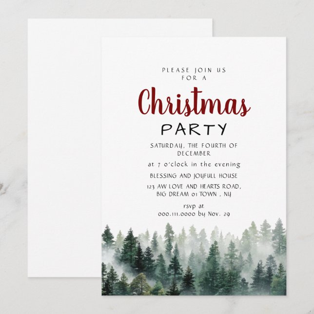 Elegant Modern Pine Forest Christmas Party Invitation (Front/Back)