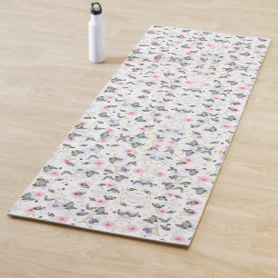 elegant modern pink and blue butterfly and flowers yoga mat