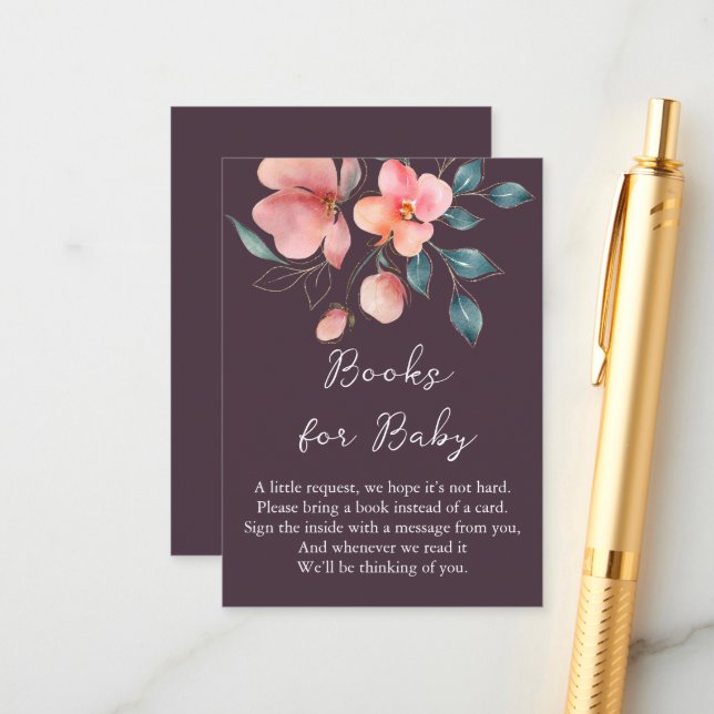 Elegant Modern Pink and Gold Floral Books for Baby Enclosure Card (Front/Back In Situ)