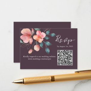 Elegant Modern Pink and Gold Floral QR Code RSVP  Enclosure Card