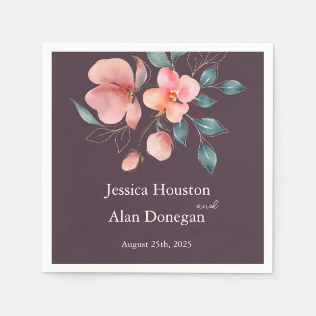 Elegant Modern Pink and Gold Floral Wedding Napkin (Front)