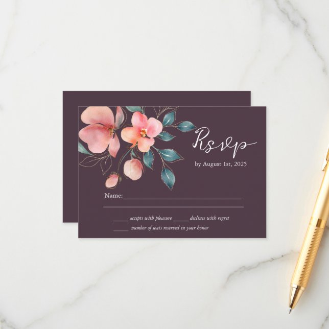 Elegant Modern Pink and Gold Floral Wedding RSVP Enclosure Card (Front/Back In Situ)
