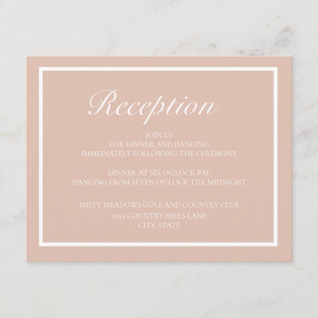 Elegant Modern Pink and White Wedding Reception Enclosure Card (Front)