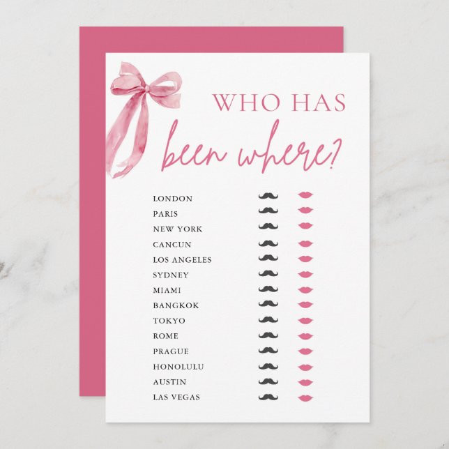 Elegant Modern Pink Bow Who Has Been Where Game  Invitation (Front/Back)