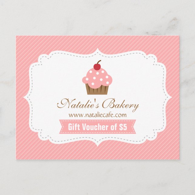 Elegant, Modern, Pink Cupcake, Bakery Voucher Postcard (Front)