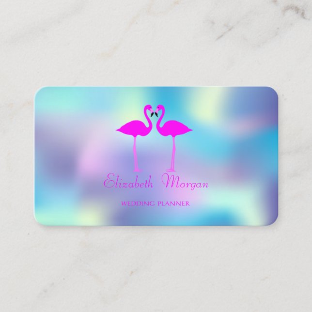 Elegant Modern Pink Flamingos In Love Holographic Business Card (Front)