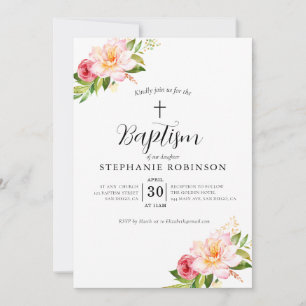 Elegant Modern Pink Floral Baptism  Invitation