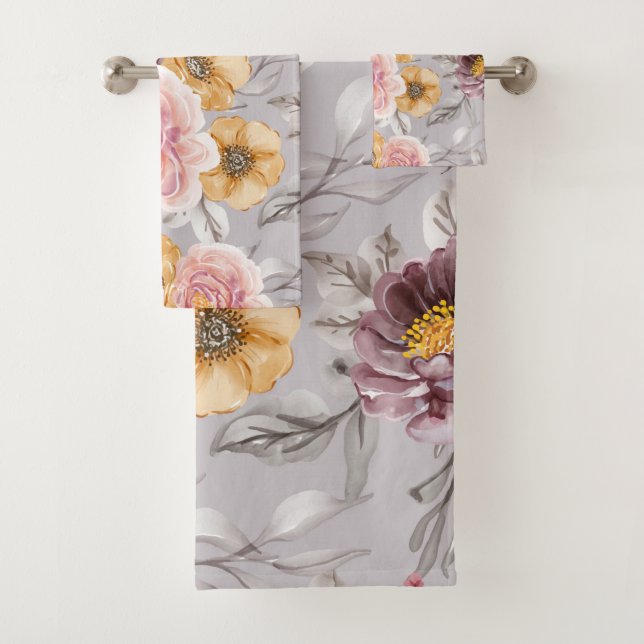  Elegant Modern Pink Floral Bath Towel Set (Insitu)