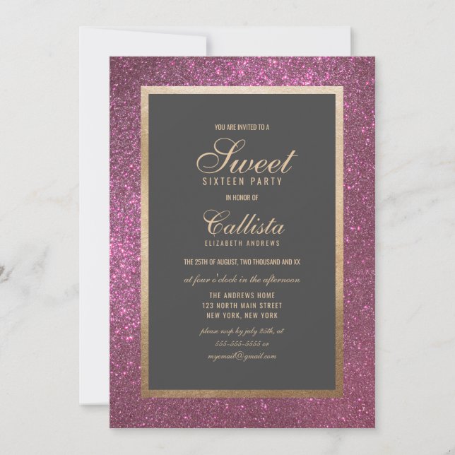 Elegant Modern Pink Glitter Thick Border Sweet 16 Invitation (Front)