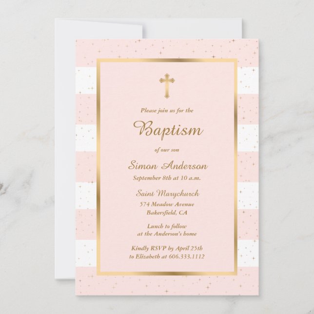 Elegant Modern Pink Gold Cross Starry Baptism Invitation (Front)