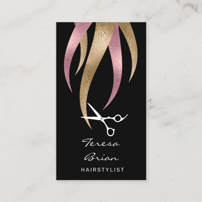 Elegant modern pink & gold scissors hairstylist business card (Front)