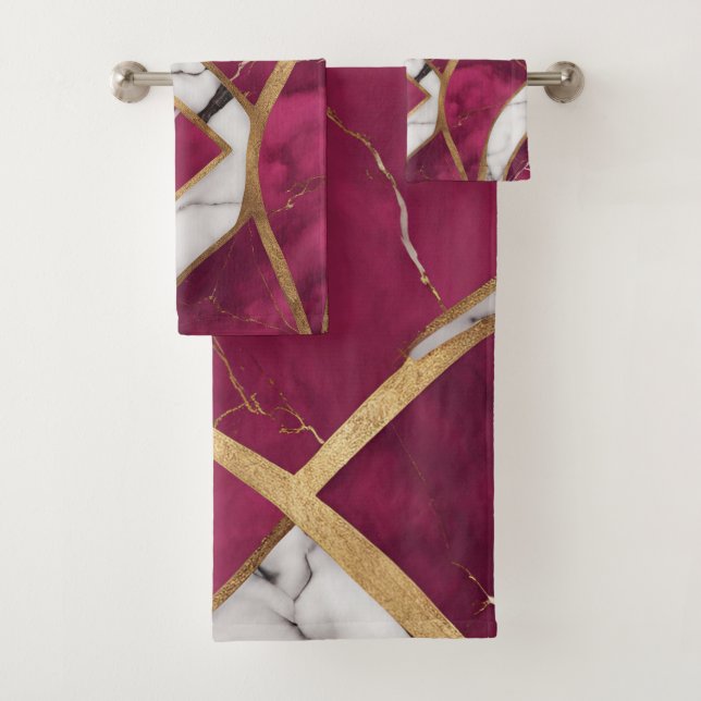 Elegant Modern Pink, Gold, White Marble Luxury  Bath Towel Set (Insitu)