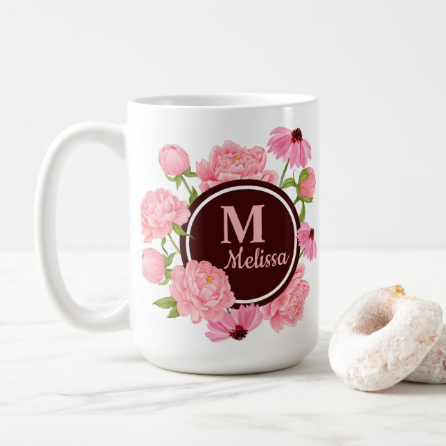 Elegant Modern Pink Peony Watercolor Floral  Coffee Mug (With Donut)