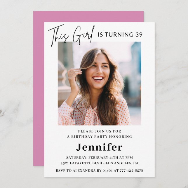 Elegant Modern Pink Photo 39th birthday Invitation (Front/Back)